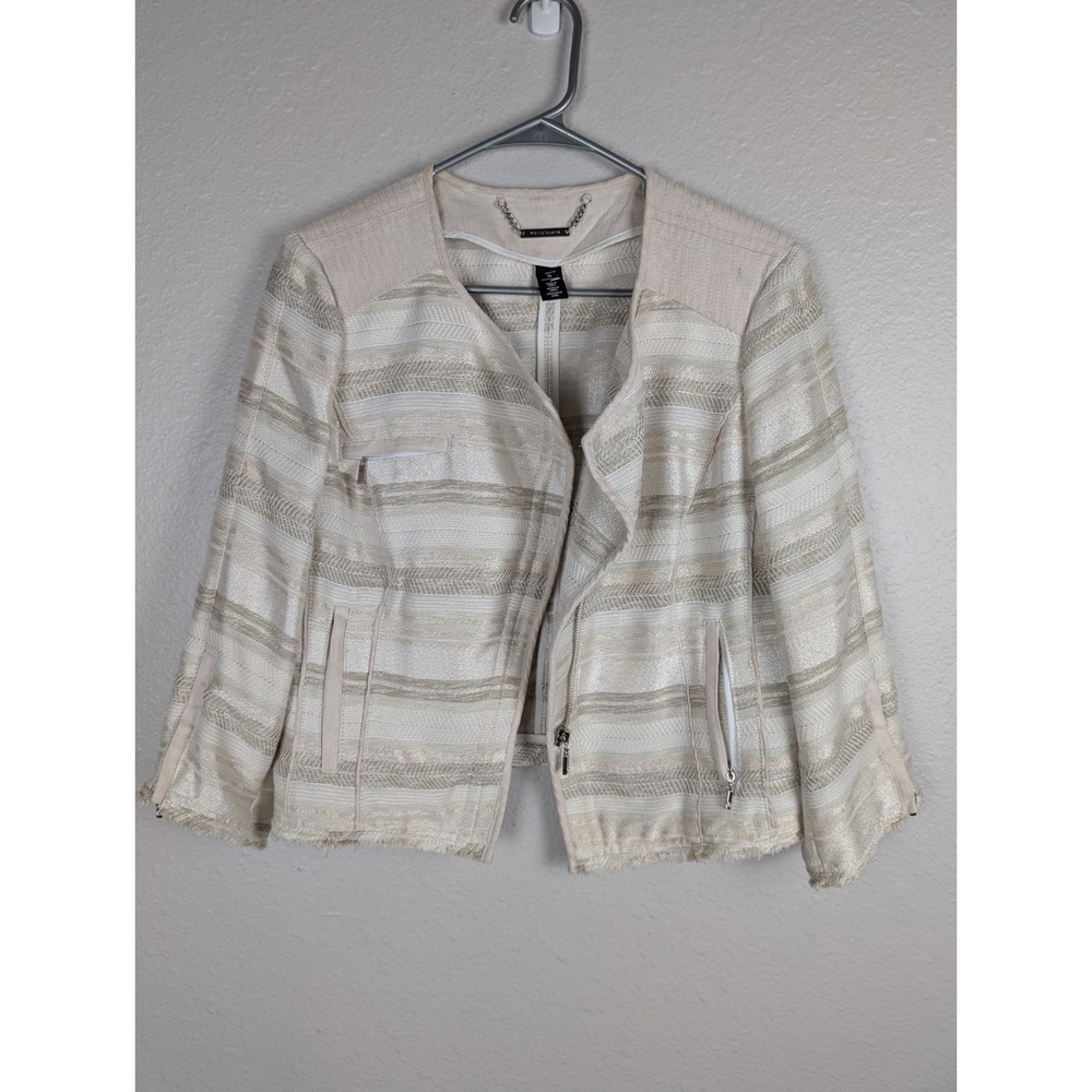 WHBM White House Black Market cream striped tweed jacket 14 Moto Crop Blazer 156